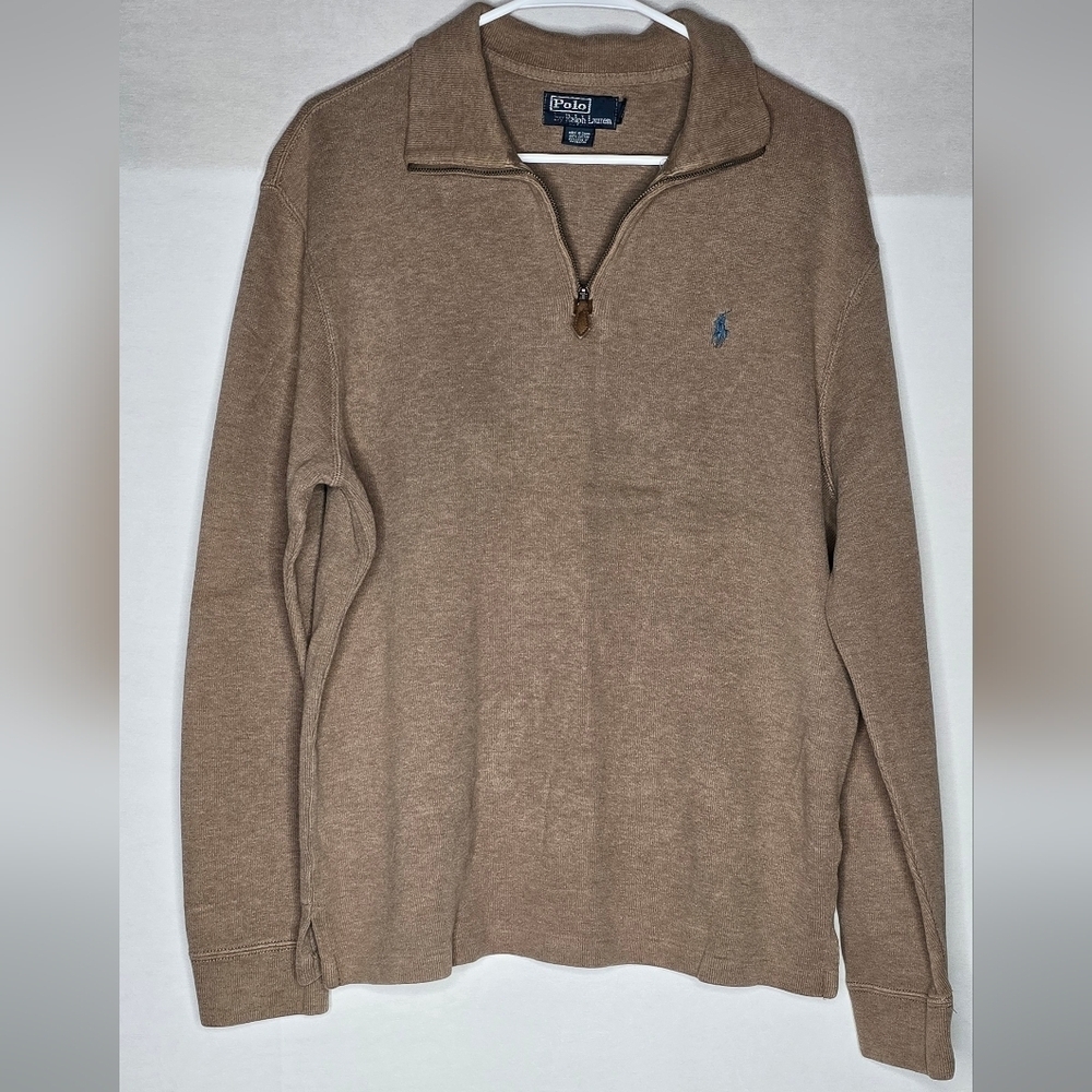 Vtge Polo Ralph Lauren 1/4 Zip Pullover Sweater Light Brown With Navy Pony Large